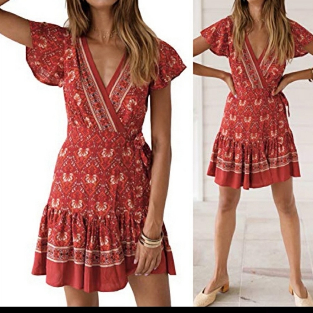 Boho Wrap Dress - Red